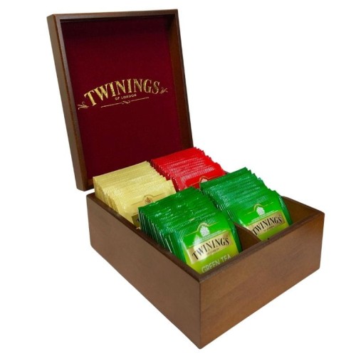 Drewniana skrzynka Twinings otwarta