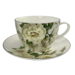 Filiżanka Porcelanowa Jumbo 460ml ze spodkiem - biała w peonie