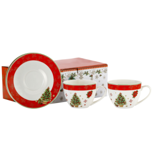 Zestaw dwóch filiżanek 300 ml ze spodkami z choinką porcelana świąteczna