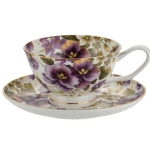 Porcelanowa Filiżanka w Fioletowe Bratki 180ml ze spodkiem porcelana kostna