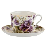 Porcelanowa Filiżanka w Fioletowe Bratki 370ml ze spodkiem porcelana kostna
