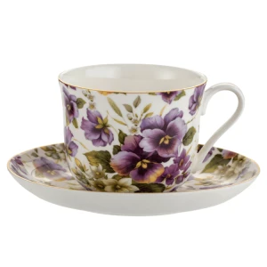 Porcelanowa Filiżanka w Fioletowe Bratki 370ml ze spodkiem porcelana kostna