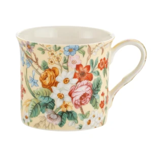 Porcelanowy Kremowy Kubek w Kwiaty 300 ml - porcelana kostna