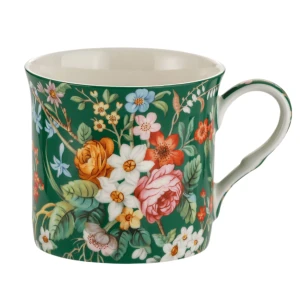 Porcelanowy Zielony Kubek w Kwiaty 300 ml - porcelana kostna
