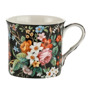 Porcelanowy Czarny Kubek w Kwiaty 300 ml - porcelana kostna