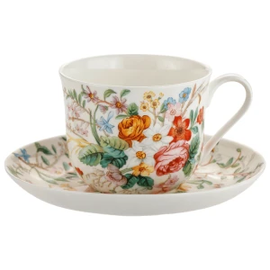 Porcelanowa Filiżanka Biała w Kwiaty 370ml ze spodkiem porcelana kostna