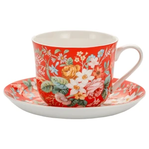 Porcelanowa Filiżanka Czerwona w Kwiaty 370ml ze spodkiem porcelana kostna