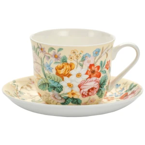 Porcelanowa Filiżanka Kremowa w Kwiaty 370ml ze spodkiem porcelana kostna
