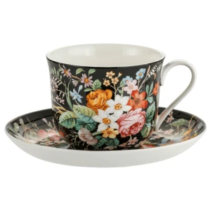 Porcelanowa Filiżanka Czarna w Kwiaty 370ml ze spodkiem porcelana kostna