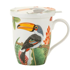 Porcelanowy Kubek z Tukanem 450 ml - porcelana kostna egzotyczny ptak z zaparzaczem i pokrywką