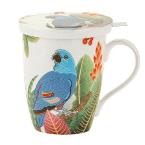 Porcelanowy Kubek z Niebieską Papugą 450 ml - porcelana kostna egzotyczny ptak z zaparzaczem i pokrywką