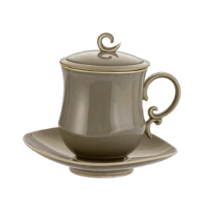 Porcelanowy Kubek z Zaparzaczem, Pokrywką i Spodkiem 380 ml - beżowo-szary taupe vintage