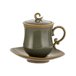Porcelanowy Kubek z Zaparzaczem, Pokrywką i Spodkiem 380 ml - oliwkowy vintage