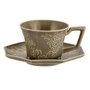 Porcelanowa Filiżanka ze Spodkiem 200 ml - szara taupe vintage tłoczone kwiaty