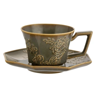 Porcelanowa Filiżanka ze Spodkiem 200 ml - oliwkowa vintage tłoczone kwiaty