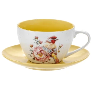 Porcelanowa Filiżanka ze Spodkiem 300 ml Szczygieł i Piwonie Ptaki i Kwiaty