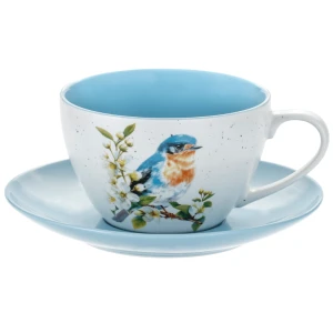 Porcelanowa Filiżanka ze Spodkiem 300 ml Błękitnik i Kwiat Jabłoni Ptaki i Kwiaty
