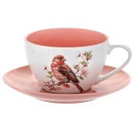 Porcelanowa Filiżanka ze Spodkiem 300 ml Dziwonia i Kwiat Wiśni Ptaki i Kwiaty