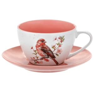 Porcelanowa Filiżanka ze Spodkiem 300 ml Dziwonia i Kwiat Wiśni Ptaki i Kwiaty