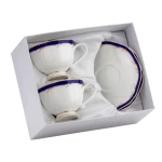 Komplet porcelanowych filiżanek ze spodkami 200ml porcelana kostna białe z granatowym i złotym ornamentem