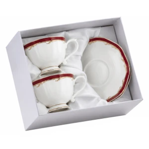 Komplet porcelanowych filiżanek ze spodkami 200ml porcelana kostna białe z bordowym i złotym ornamentem